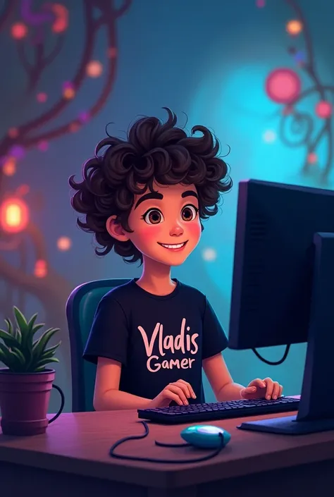 Disney-like background a gamer PC with a boy with curly hair wearing a black shirt what does Vladis gamer say 