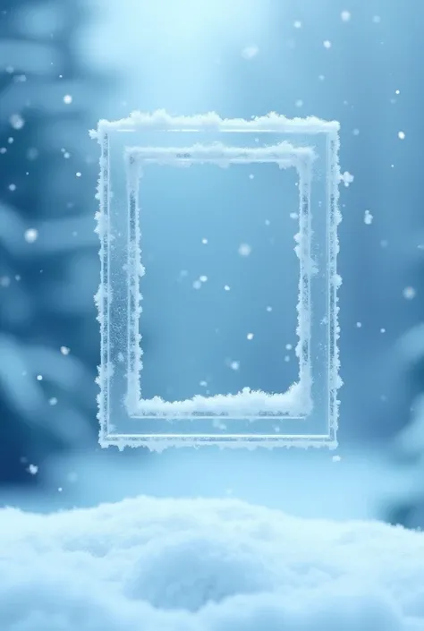 make a background with blue snowfall with a 1.1 ratio photo frame in middle air with ice and snow on it