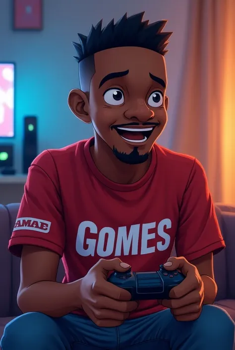 A young man, negro, With short hair cut , with a goatee, With scratched eyebrows,  with video game control in hand ,  a team blouse written “Gomes “cartoon character