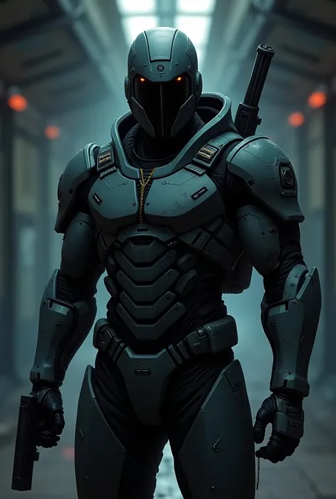  Anime style. Space mercenary with helmet and mass effect armor holding a pistol on guard, in a runner of a .