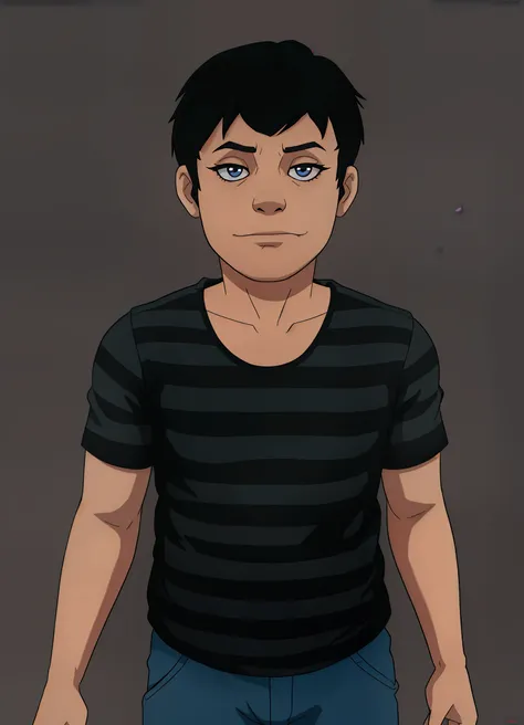  A young  American  wearing a black t-shirt with gray stripes,  black hair , cute and friendly  (PROTAGONIST OF FNAF 4 )