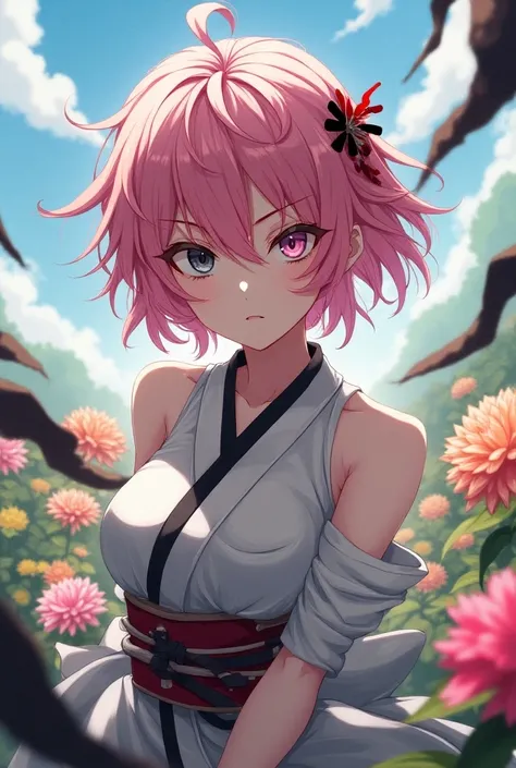 Messy pink short haired woman with bangs while with different colored eyes the left eye pink and the right eye of different dark black with white skin wearing a Japanese dress fights in a landscape of flowers anime sighing 