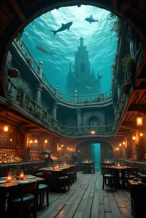 (photorealism:1.2), pirates themed café with wooden everything, ceiling is a pool separated by glass with fishes and realistic mermaids swimming, lanterns, ship relict inside the café, realistic 
