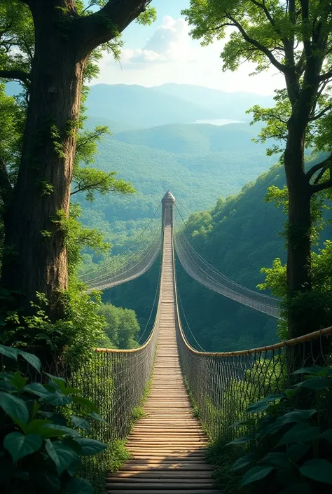 several suspension bridge connections in the trees next to a viewpoint