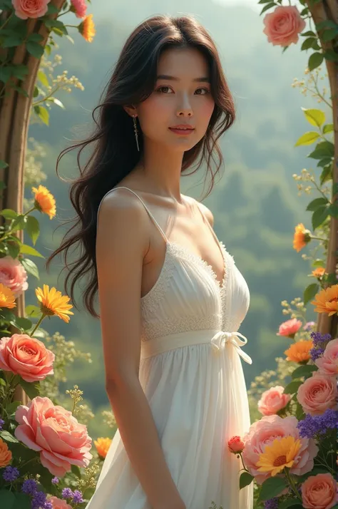  a beautiful woman wearing a white dress standing in a flower