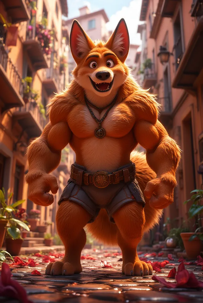 a nude toned athletic male anthro furry red fox standing in a slum city