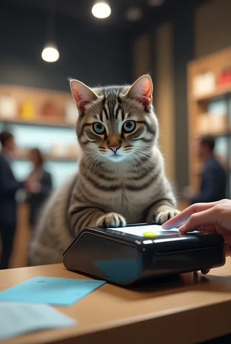 Create a hyper-realistic image of a cat sitting in a super store counter collecting a bill. and paying a payment in counter