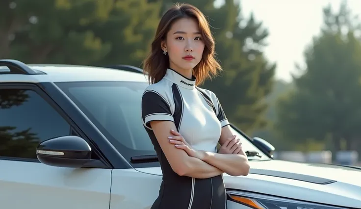 (photorealism:1.2), beautiful young woman is standing confidently next to a white car with black accents. She is dressed in a sleek black and white racing suit that contrasts sharply with the vehicles color scheme. The suit features a high neckline and sho...