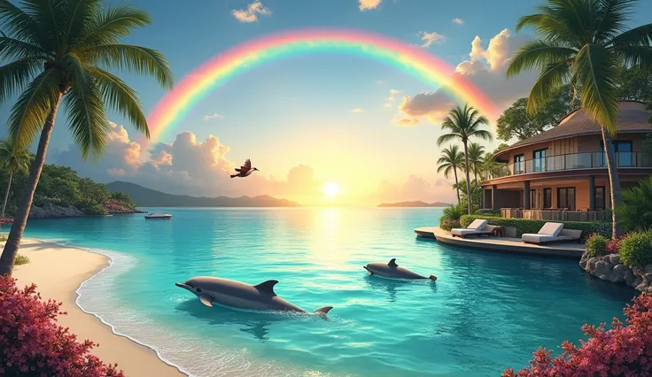  Beautiful, Clear, and Peaceful Seas 、 beach 、Dolphin、dugong、 palm tree、flower、Splendid Dawn 、 gradient sky、The light of the sunrise shines in seven colors 、Dandy and stylish king、happiness、Noble、rich、Luxury Resort 、rainbow、Affluent 、universe、bird、A beauti...