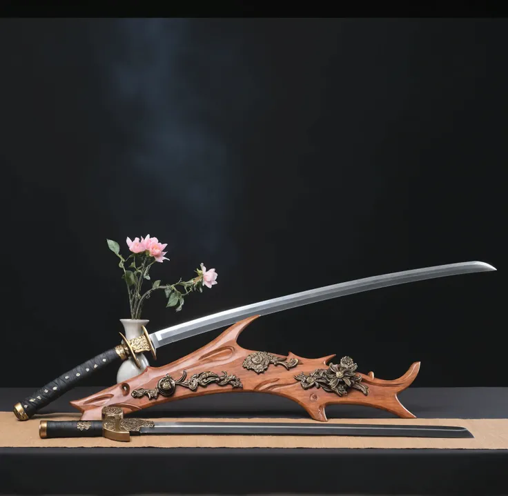 there is a large sword and a small vase with flowers on a table, shining silver katana sword, chainsaw sword katana, swinging reflective katana, beautiful sword, steampunk katana, katana, black iron sword, unsheathing her katana, jiang sword, katana zero, ...