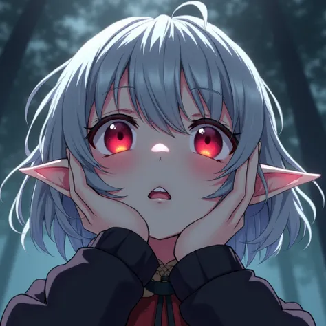 anime girl, silver hair, short hair, red eyes, elf ears, makeup, annoyed, high detail, anime, Gothic art, anime style, first-person view, pov, from below, atmospheric perspective, perspective, UHD, retina, masterpiece, accurate, anatomically correct, textu...