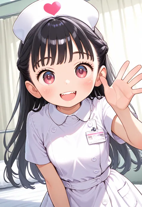 1 girl、nurse uniform、black hair、cute、double teeth、big eyes、smile、