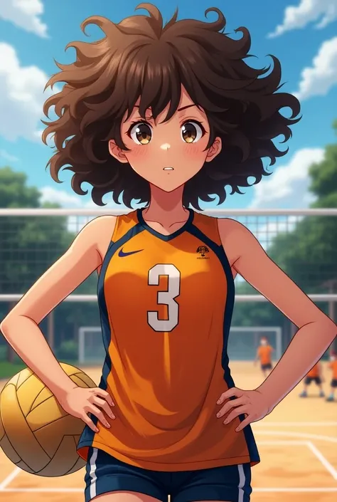 A teenager in a volleyball jersey with curly brown hair anime version