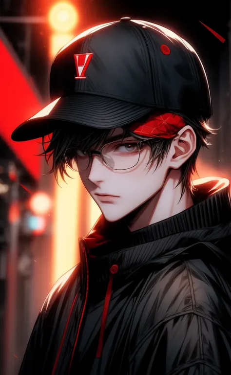 anime character with a cap on the head,  SHOOTING A VIDEO FOR YOTUBER , COM UM cap on the head,  WEARING ROUND GLASSES , cap on the head, RECORDING VIDEO FOR YOUTUBE ,  facing camera , RED LIGHT BACKGROUNDS , short hair, cap on the head