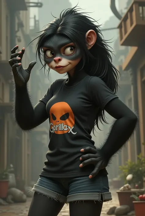  teenage gorilla young girl with a t-shirt and a logo (Gorillax ) Lean athletic physique from Tim Burton waving  