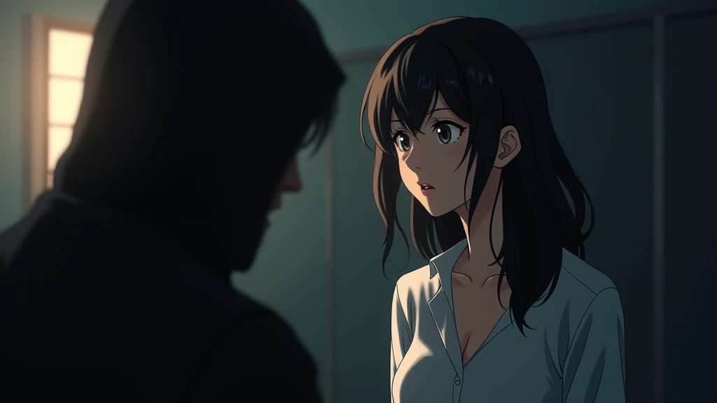 anime style: 
Incredibly realistic and highly detailed, realistic cinematic photo of beautiful woman in her 30s
 being manipulated by a shadowy figure, symbolizing the tactics used by sextortionists.
creating a dramatic and engaging scene. Enhanced all, ((...