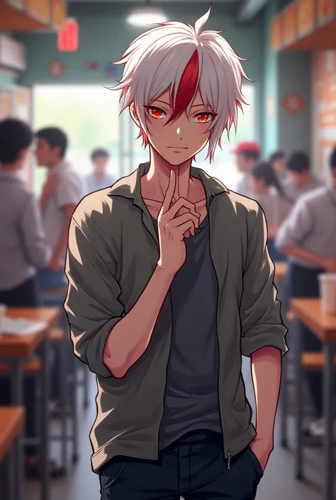  Teenage male anime style,  with white hair and a red lock, red eyes, Casual clothing, in a cafeteria, boca cerrada.