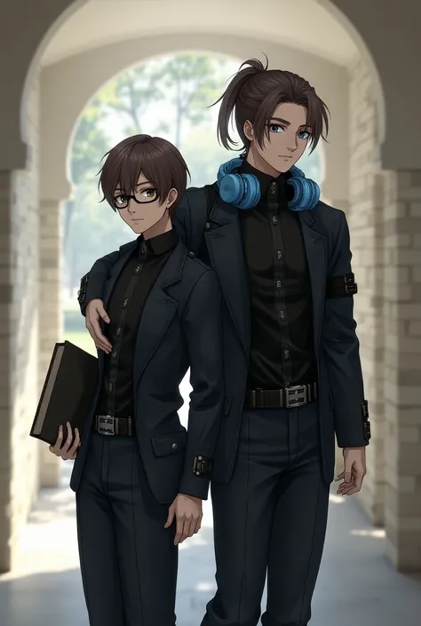 Create a beautiful young man, with short brown hair and brown eyes ,  who wears a black combat suit and his body is a little thin ,  who wears glasses and is holding a book in his left hand,  next to him, put another equally handsome man, taller ,  who wea...