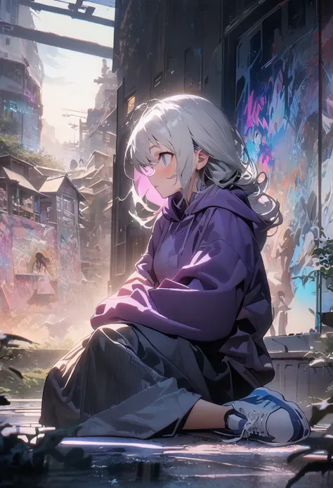 ((Best quality, 8k, Masterpiece :1.3)), Whole body, Sharp focus :1.2, A blue-eyed girl with white hair and sky-colored eyes :1.4, Wearing a purple hoodie, capris, and white sneakers :1.2, Sitting in a relaxed indoor setting with scattered bedding on a soft...