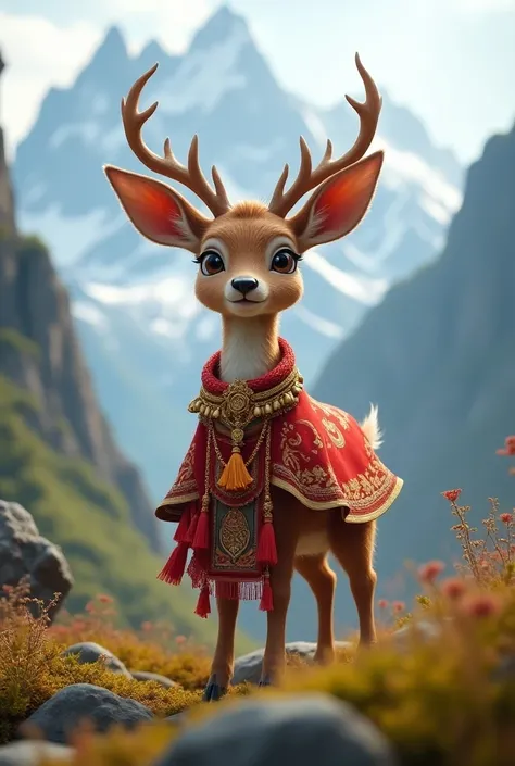 Cute deer with red Tibetan cloths gold necklaces hanging on the mountain