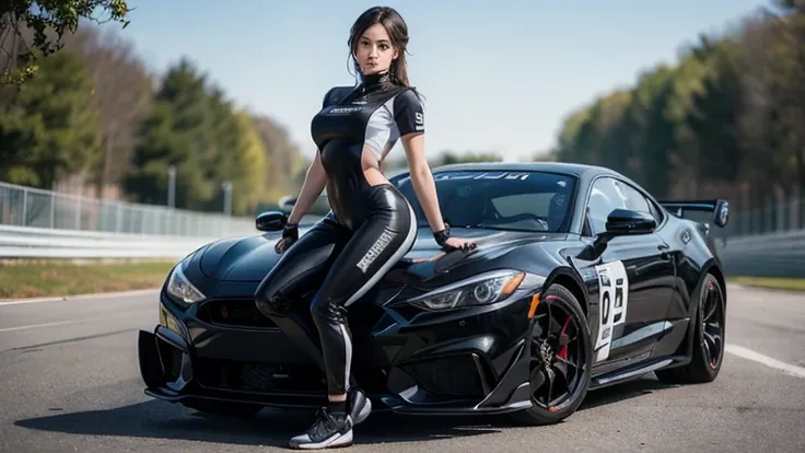 (photorealism:1.2), beautiful young woman is standing confidently next to a white Sport muscle car with black accents. She is dressed in a sleek black and white racing suit that contrasts sharply with the vehicles color scheme. The suit features a high nec...