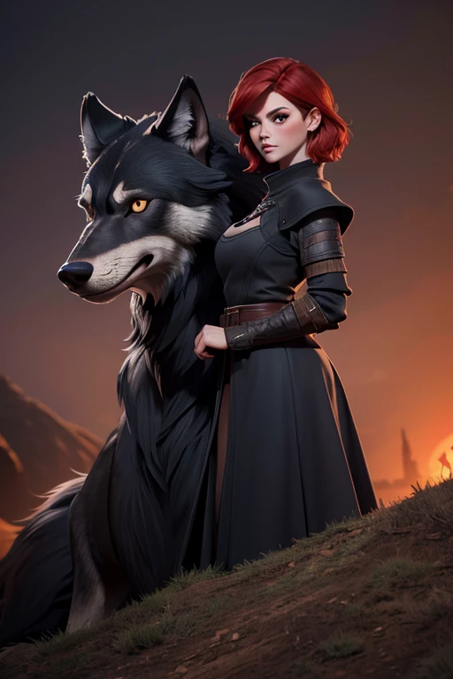 Pix art , Short red hair woman, looking front of a Gigant Grey wolf ,, medieval outfit, sexy , medieval clothes Medieval style, Medieval background , Black dress, Black Wolf, Bog wolf, 