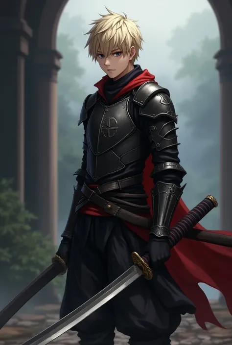 A male teenager
 half weak with black and silver armor, blond hair and a black and red sword Katana realistic anime style