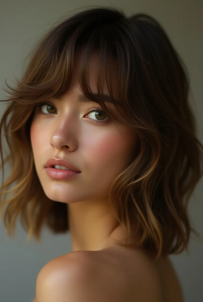  Create an image that has an olive skin tone that has a layered U-shaped haircut to the middle of the back and a curtain fringe. A hazelnut balayage with soft lights 
Hair is long to see from the back 