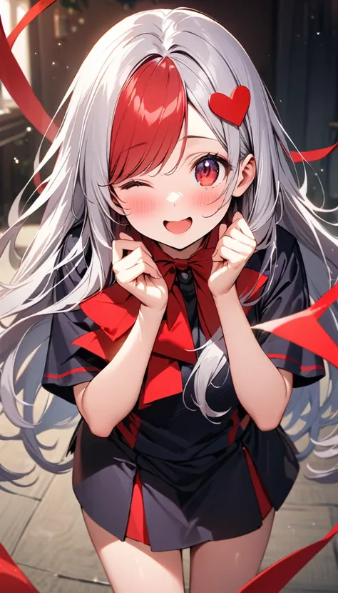 (Best Quality, ), Beautiful woman (One eye is red:1.2), elements. well-groomed face、Happy expression、Red face、Beautiful student uniform 、Silver Hair、 Red Eyes、 cute expression (目がheart、 close one eye 、Looking up、Red face)、Long Hair,heart、 cowboy shot,  big...