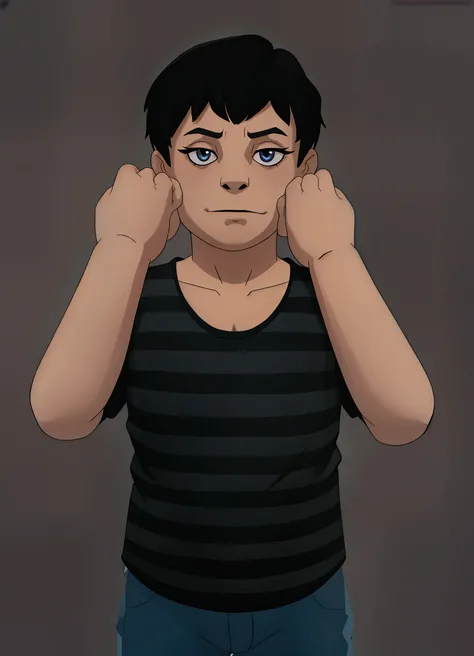  A young  American  wearing a black t-shirt with gray stripes,  black hair , cute and friendly  (PROTAGONIST OF FNAF 4 )