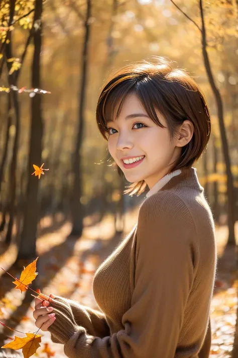 (8k, RAW photo, photorealistic, HQ, masterpiece), a cute Japanese woman, (glowing eyes), 
(laugh), brown hair, Pixie Bob hair, (Classy early winter attire 1.4), large breasts, (A forest in late autumn with falling leaves:1.4), blurred background, depth of ...