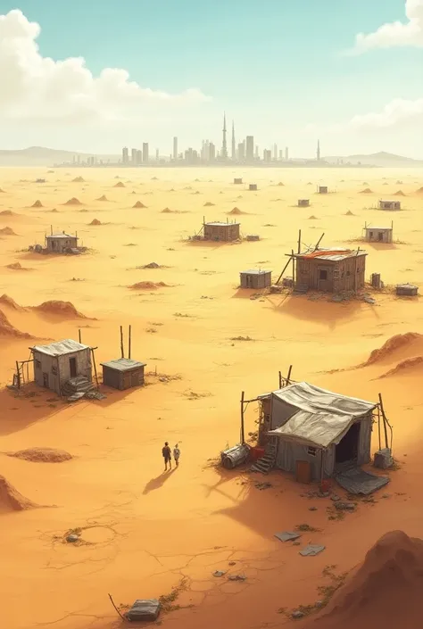 scenario:  The arid desert with a city in the background ,  filled with small simple and improvised constructions .