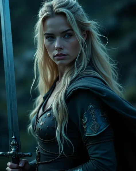 Beautiful 20 year old woman, long hair blonde ,Wearing warrior clothes, wielding a sword  