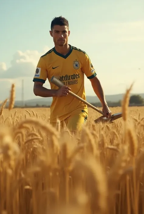 "Generate a hyper-realistic image of Cristiano Ronaldo, wearing his team football jersey, cutting grains from the fields
The scene should capture fine details like the farming tools in his hands, the expressions on Ronaldo and view of field sshould be real...