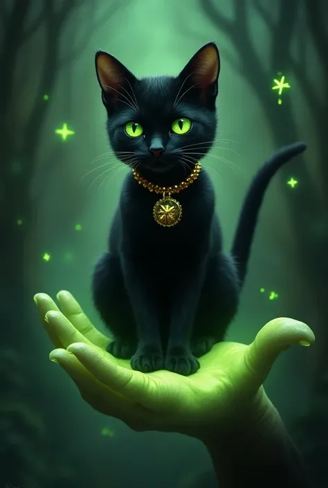 A black cat with green eyes and a gold collar with the name "Mittens", looking innocent but also mischievous, sitting on a green, floating ghost hand, on a sorcery-themed background