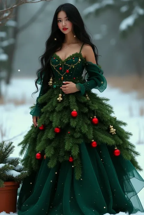 a woman with long black hair dressed as a christmas tree, detailed face with beautiful eyes and lips, at her feet a flowerpot as if planted, snowy landscape background, clear detailed realistic ultra hd photo, christmas, winter scene, photorealistic, 8k, h...