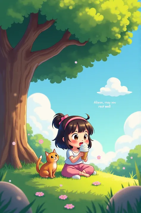  A cartoon girl who is eating ice cream under a tree accompanied by a cat and who is written in the clouds "ALIZON MAY YOU REST WELL "