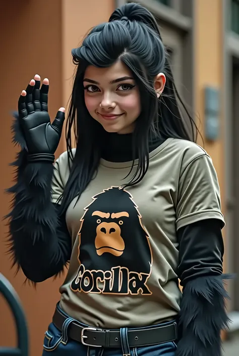  gorilla teenager young girl with a t-shirt and a logo (Gorillax ) fisico atletico formosafrom Tim Burton waving 