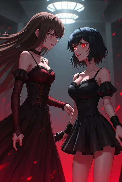 two anime s one with brown hair and long dark red eyes with a psychopathic look wearing an extravagant dress holding a gun the other with short black hair with red eyes wearing a short black dress holding a knife , They both work in an organization of kill...