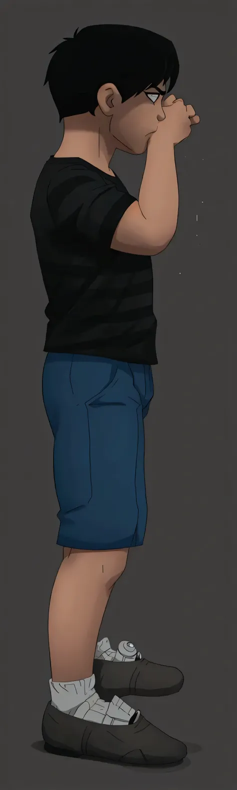  A young  American  wearing a black t-shirt with gray stripes,  black hair , cute and friendly  (PROTAGONIST OF FNAF 4 )