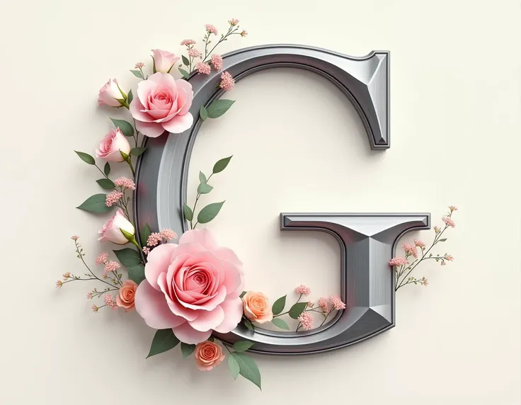 Create the cursive letter G in silver with some flower bouquets