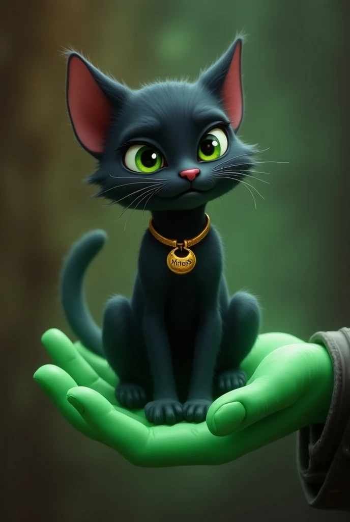 A black cat, animation-like, with green eyes and a gold collar with the name "Mittens", looking innocent but also mischievous, sitting on a green, floating ghost hand, on a medieval, theif-themed background