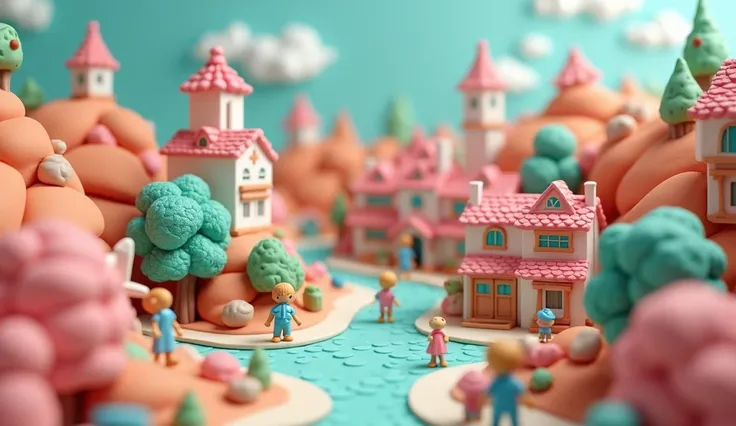 Miniature,Super cute clay world, Isometric view of the city , cute clay freeze frame animation,City view, ，people々 ，street，road,Tilt Shift, The lighting is great, volume, landscape, hospital，dentist，Huge teeth in the background，Brush,White background,。.3d,...