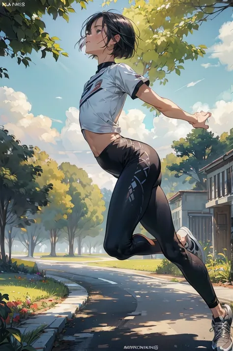 Best Quality,  official art, masterpiece,(1 person:2.0), Neutral Mens ,( flat chest:1.3),(7 heads), Black Hair ,(Bob Cut Hair),(running:1.5), sportswear,(stretchy leggings:1.5), sneakers , Short Sleeve Shirts,( Miniskirt),marathon course ,garden,sweat,morn...