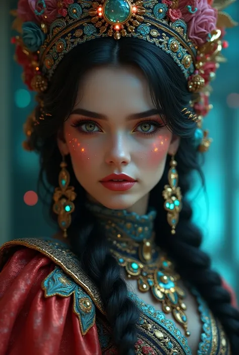 A stunning, hyperrealistic portrait of a beautiful european woman, adorned in intricately detailed, colorful attire with iridescent fabrics, ornate patterns, and metallic accents, complemented by futuristic jewellery featuring glowing gemstones and neon-li...