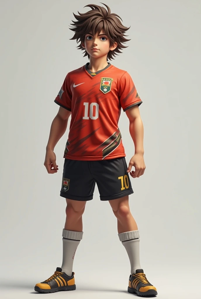 A strong teenage man wearing a soccer jersey with brown anime-style hair