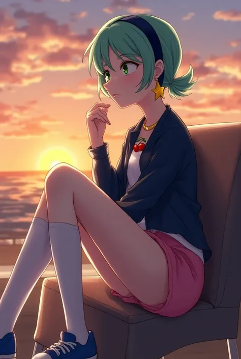 green hair,short ponytail hair,dark blue headband,dark blue short jacket,pink short pants,red cherry necklace, yellow star earrings,dark green eyes,blue and white shoes,white leg warmers, watching the sunset, sitting on a chair,model