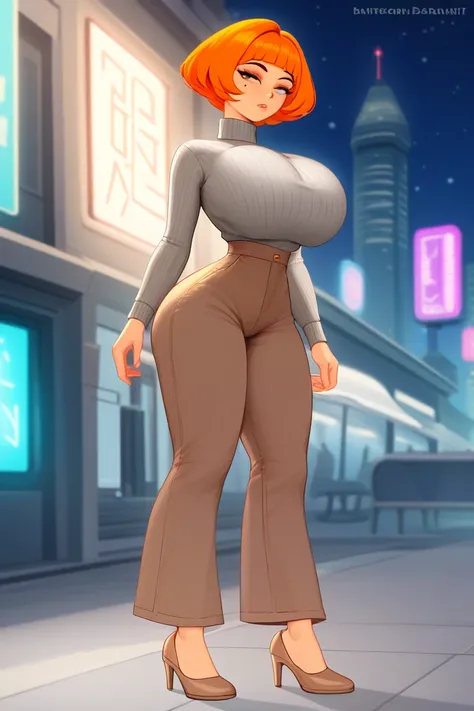 ((1girl, orange hair, pixie haircut, bangs, sexy huge breasts, big neckline, stand front, big hipps)),((elegant bearing)), ((thin waist, beauty face)), ((delicate brown shoes, gray sweater, elegant brown trousers)), ((night neon city)), accurate, super det...