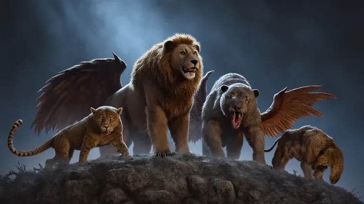 Four powerful symbolic creatures: lion with wings, bear, leopard with wings, and a beast with iron teeth