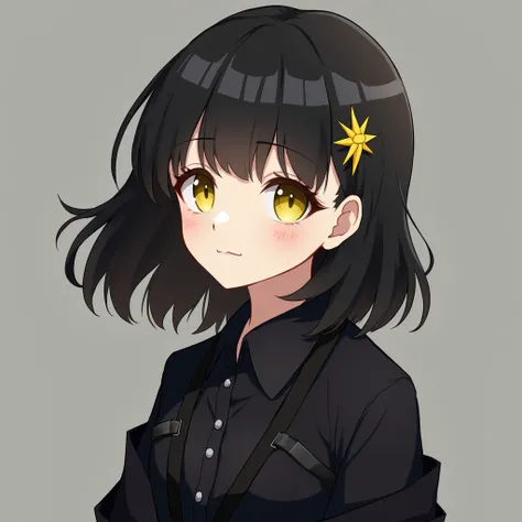 a girl,  medium black hair with a yellow tuft on the side, yellow eyes ,  wearing black clothes ,a shirt,a coat over ,not anime style,detail, details altos, quality, Necessary, 